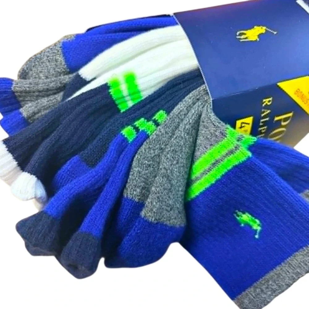 Polo Ralph Lauren Mens 4 Pair Classic Sport Crew Socks Blue Grey Neon Green NWT